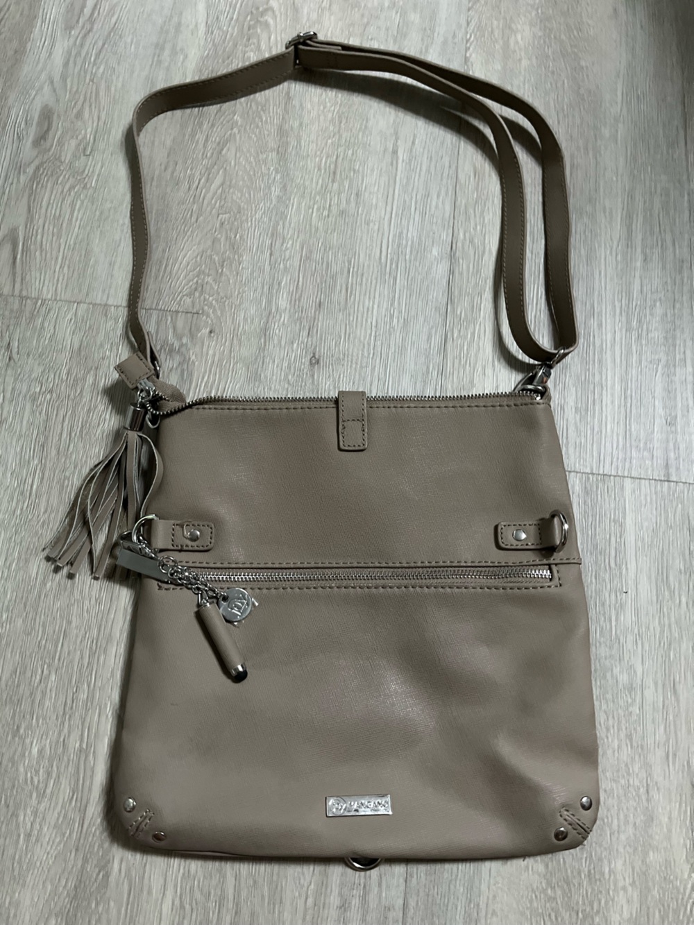 Joy Mangano Taupe Crossbody with Tassel and Front Zip